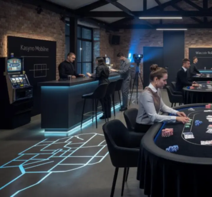 Mobilne stoły kasynowe Roam Play Venue przygotowane w lofcie eventowym